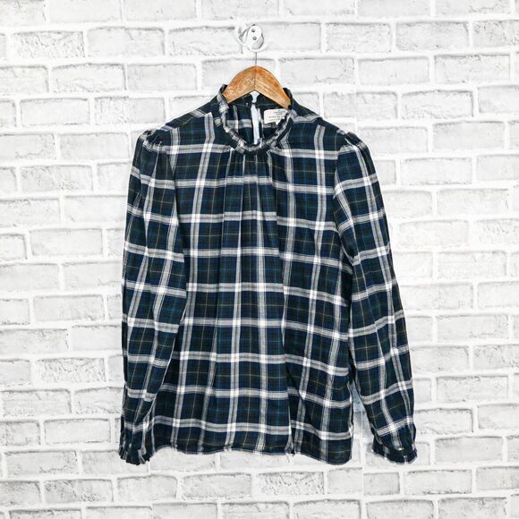 Trovata Birds of Paradis Mock Neck Blouse Green Plaid Cotton size Large - Picture 5 of 9